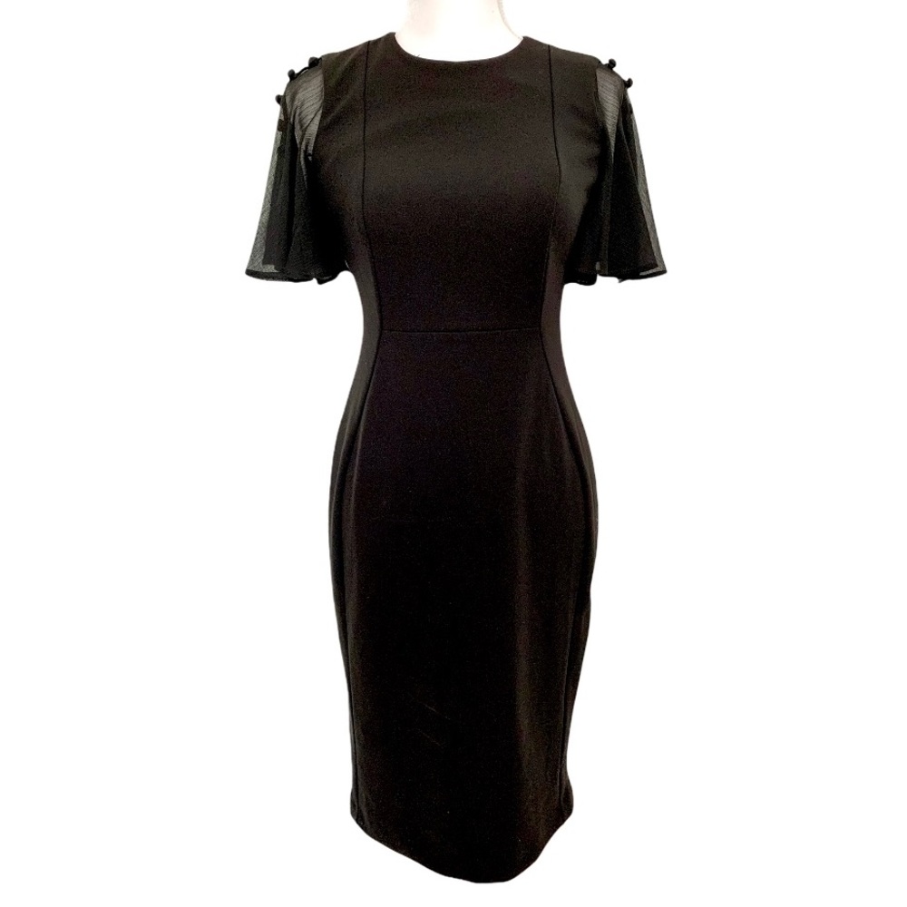 CK Black Sheath Dress with Mesh Flutter Sleeves